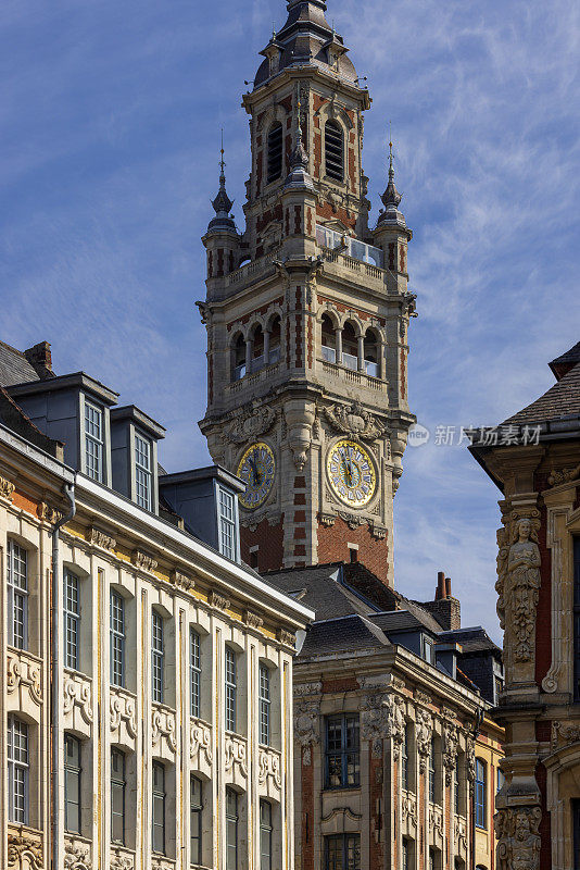 Tower of the Chamber of Commerce in the French city of Lille on the Place du Théâtre. The building was built between 1910 and 1921 and was designed by architect Louis Marie Cordonnier